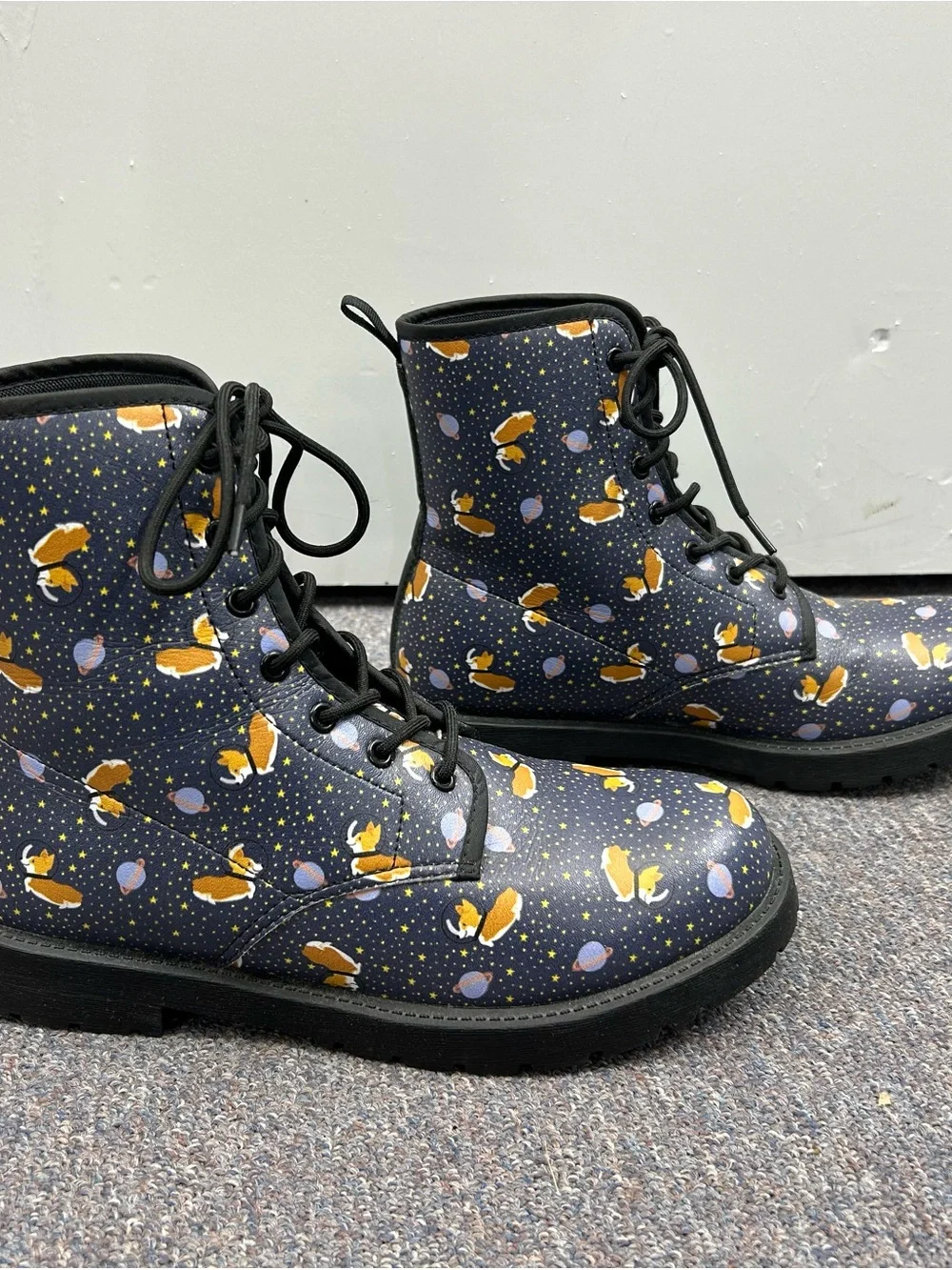 Navy Corgi dogs in space print Lace-Up Boots. Water resistant.